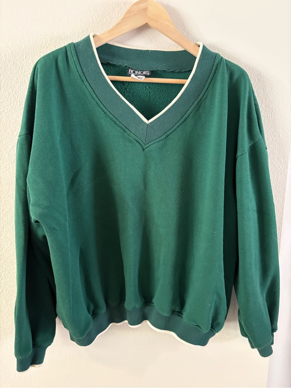 90s Preppy Green with White Trim V-Neck Sweater Grandpacore Cotton Blend Large